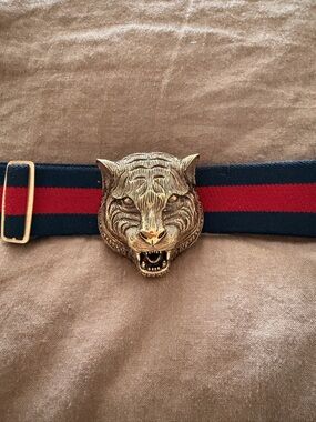 Gucci Navy Blue and Red Web Strap with Gold Tiger Head buckle